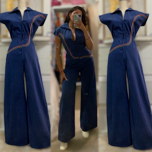 70s Denim, Rainbow Stitching, Zipper Front Jumpsuit (XS-SM, 22”-27” waist)