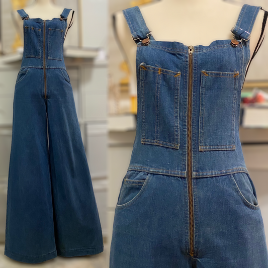 70s Cotton Denim Bell Bottom Flare Overall Jumpsuit (S-M, 28"W)