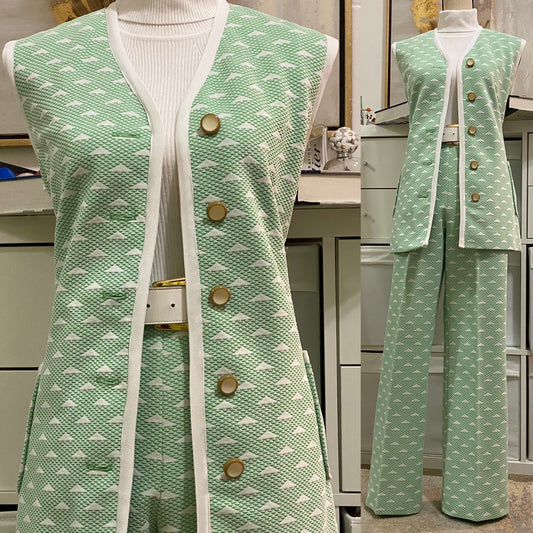 60s-70s Minty Green 2PC Triangle Vest Suit (L,30”-34” waist)
