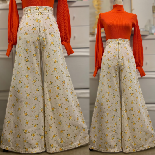 60s-70s Floral, Cotton Bell Bottom Pants (XS-S, 25”- 26” waist)