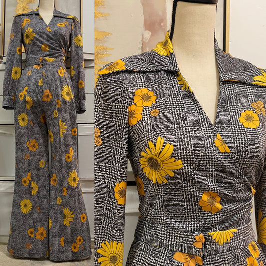 70s Sunflower 2PC Pant Set (XS-S) Cropped, Wrap Top & Wide Leg Pants