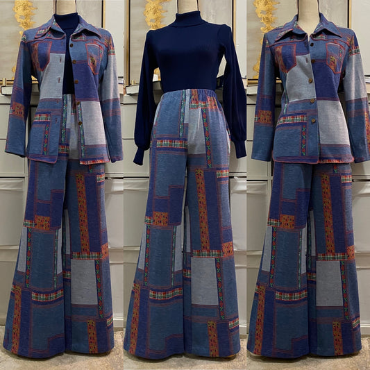 70s Faux Denim, Patchwork & Florals 2PC Pant set (S-M, 21"-31" Waist)