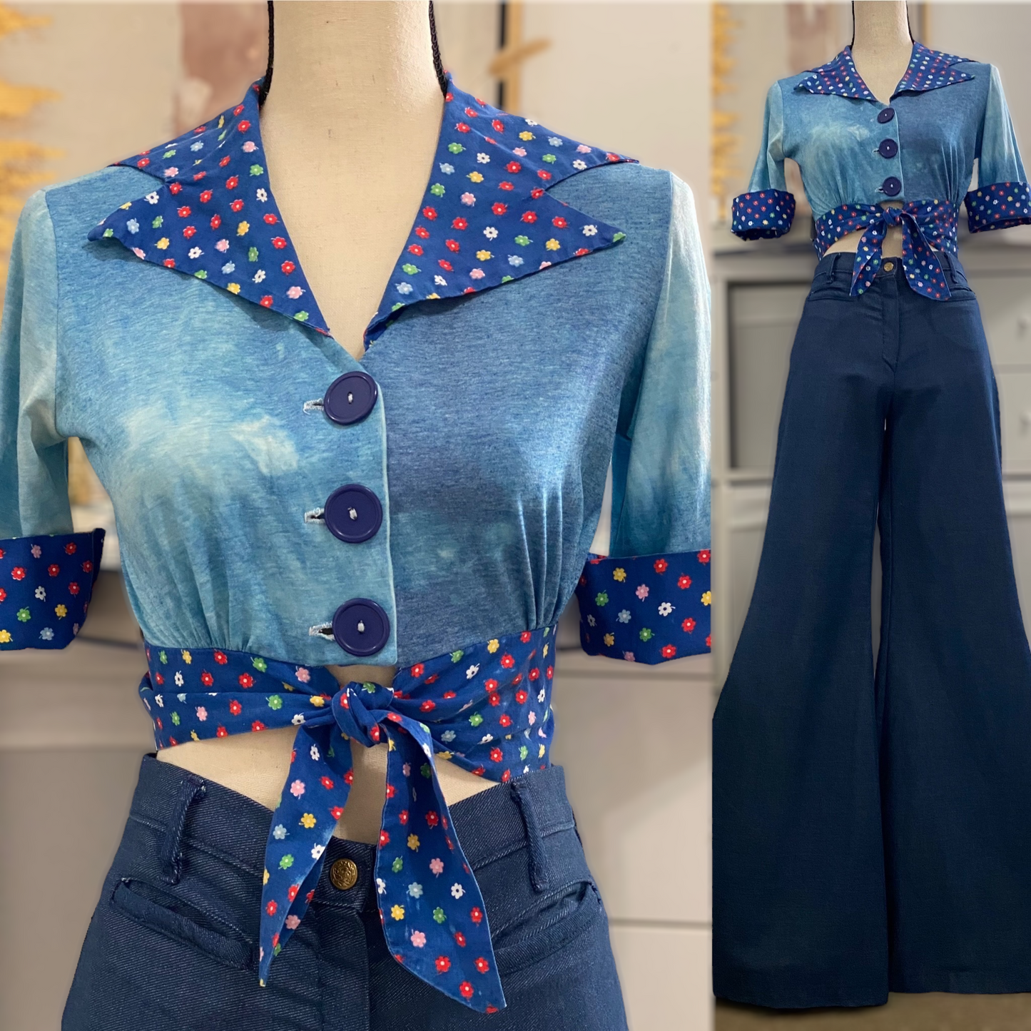 70s Tie Dye Button & Tie Front Crop Top (S, 35" Bust)