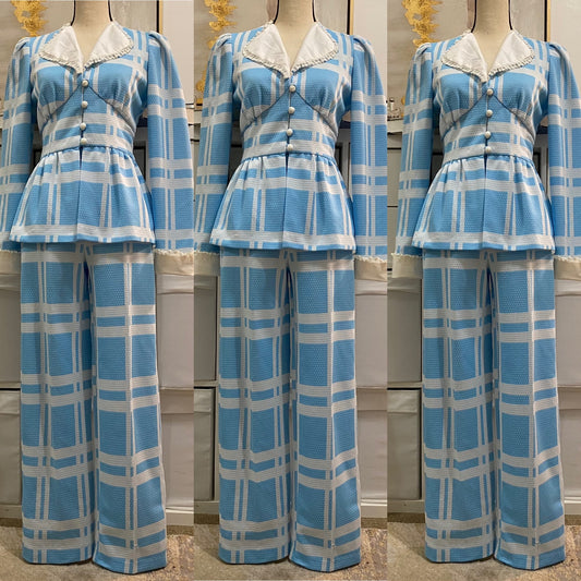 70s Swiss Plaid, Frilly 2PC Pant Set (XS-S, 24”-27” waist)