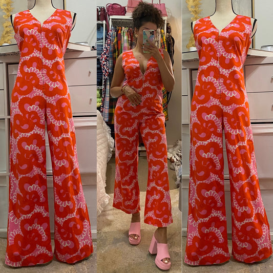 60s-70s Abstract Floral Jumpsuit (M, 34” waist)