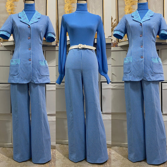 70s Gingham 2pc Wide Leg Pantsuit  (M-L, 30”-34” waist)