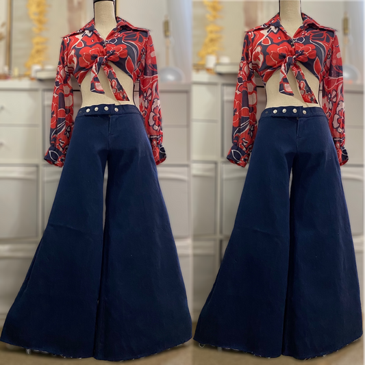 70s Denim Bell Bottom Pants, Low Rise (XXS-XS, 28" Waist)