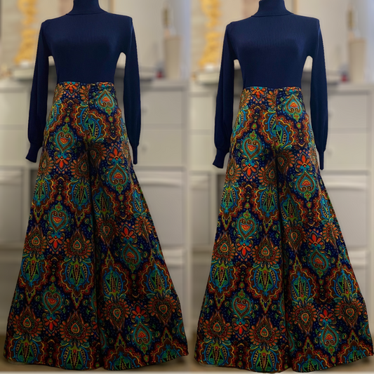 60s-70s Psychedelic Palazzo Mid-High Rise Pants (S-M, 30" Waist)