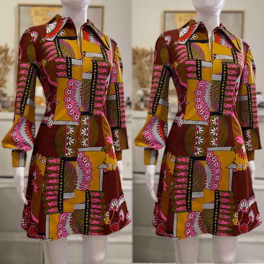 60s Psychedelic, Bishop Sleeves & Beagle Ear Collar Mini Dress (S-M,29"Waist)