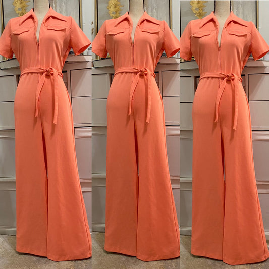 70s Creamsicle Zipper Front Jumpsuit (M,33” waist)