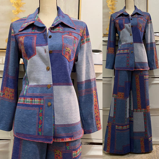 70s Faux Denim, Patchwork & Florals 2PC Pant set (S-M, 21"-31" Waist)