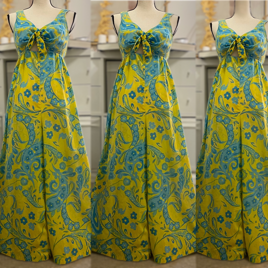 60s-70s Chartreuse Floral Cutout Wide Leg/Flare Jumpsuit (M, 30"Waist)