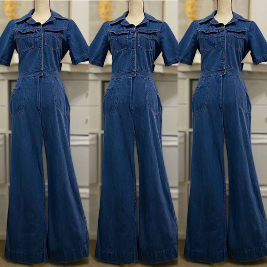 70s Denim Wide Leg Jumpsuit (M, 28" Waist)