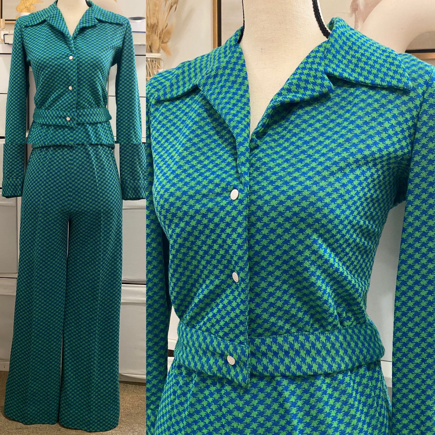 60s-70s Houndstooth 2PC Pantsuit W/ Cropped Jacket Petite (XXS-Small, 20"-30" Waist)