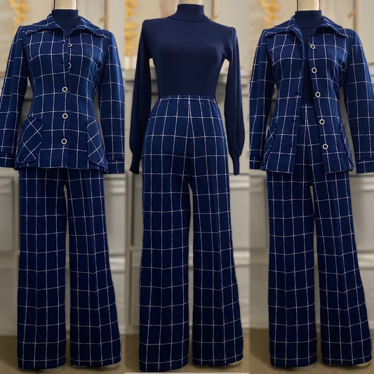 Windowpane 70s 60s blue 2pc pantsuit