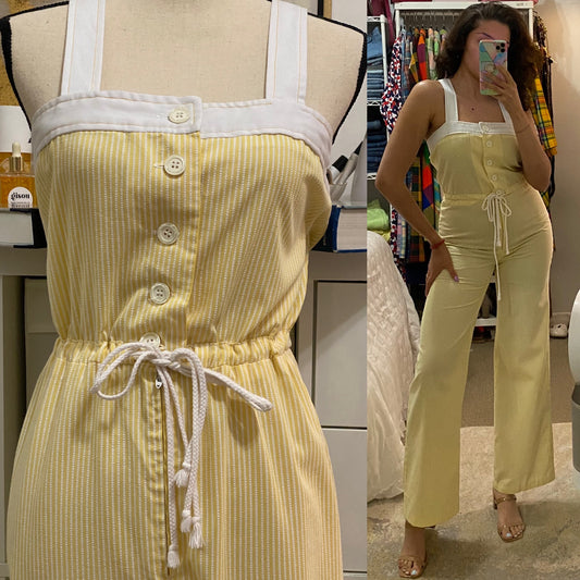 70s Seersucker Wide Leg Jumpsuit (M, 29” waist)