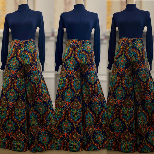 60s-70s Psychedelic Palazzo Mid-High Rise Pants (S-M, 30" Waist)