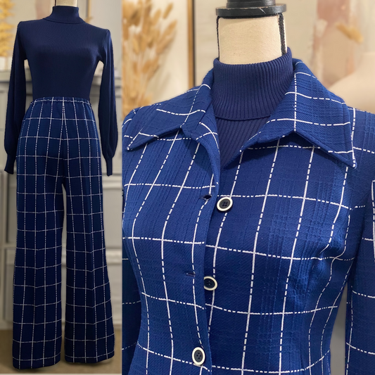 Windowpane 70s 60s blue 2pc pantsuit