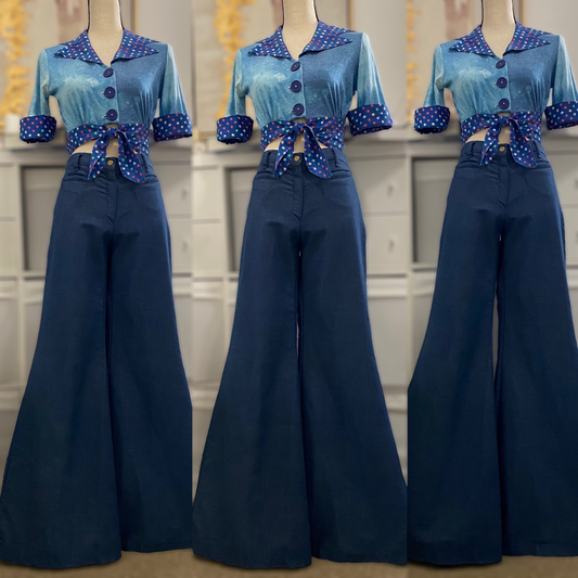 70s Faux Denim, Midrise Bell Bottoms (S, 28" Waist)