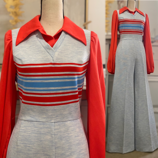 70s Vest Jumpsuit W/ Balloon Sleeves & Bell Bottoms (S, 27" Waist)