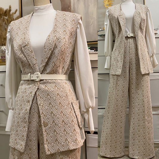 70s Oatmeal, Abstract 2Pc Vest Suit (XL, 28"-40"W)