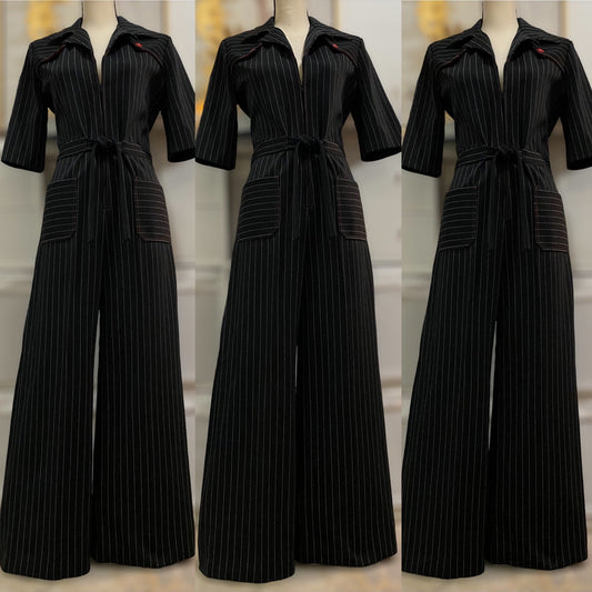70s Stripe, Wide Leg Jumpsuit w/ Zipper Front (L, 34"W)