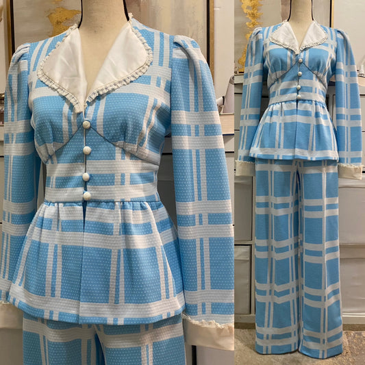 70s Swiss Plaid, Frilly 2PC Pant Set (XS-S, 24”-27” waist)