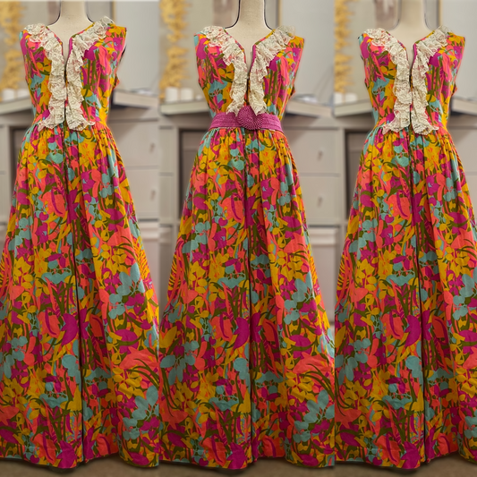 60s-70s Floral Palazzo Jumpsuit W/ Zipper Front (L, 30” waist)