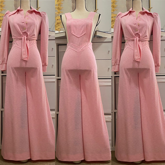 70s 2PC Overall Bell Bottom Jumpsuit W/ Cropped Jacket (XS-S, 25"-26" Waist)