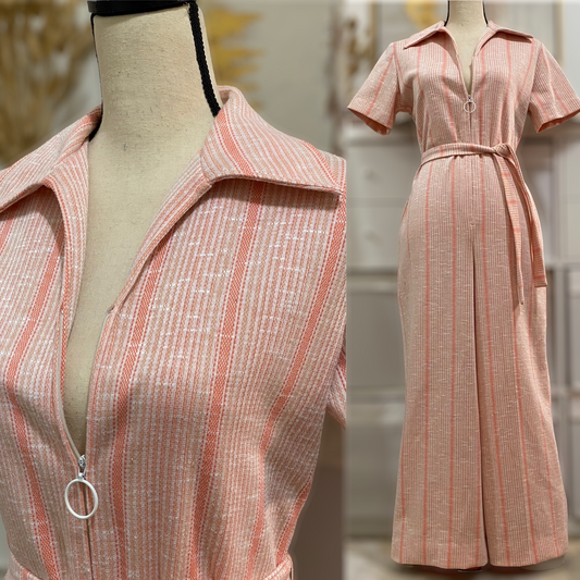 70s O-Ring, Zipper Front Striped Jumpsuit (L, 35"W)