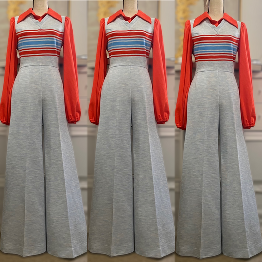 70s Vest Jumpsuit W/ Balloon Sleeves & Bell Bottoms (S, 27" Waist)