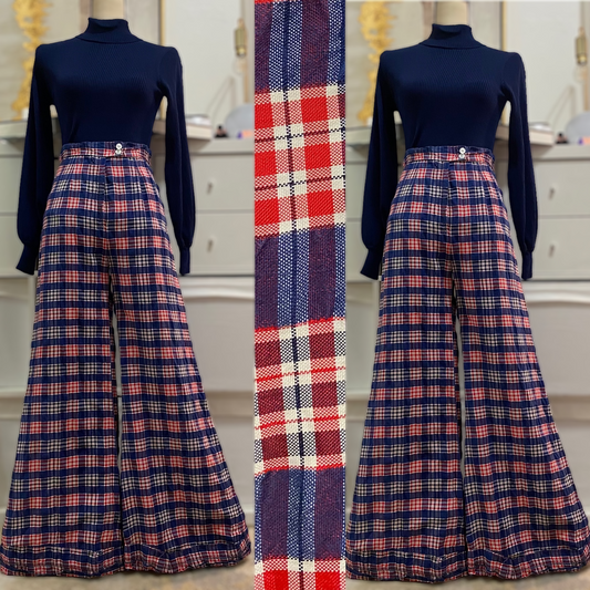 70s Plaid Bell Bottom Pants (S,26” waist)