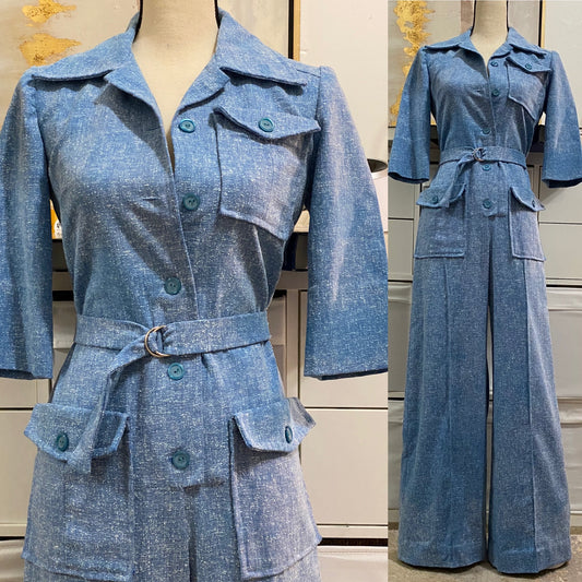 70s Nubbly Cotton Wide Leg Utility Jumpsuit W/ Belt (S-M)