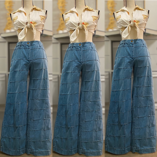 70s Windowpane Denim Blend Midrise Pants (S-M, 27" Waist)