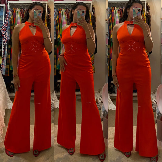 70s Rhinestone Bell Bottom Disco Jumpsuit (M,28” waist)
