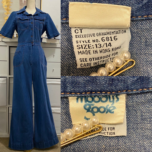 70s Denim Wide Leg Jumpsuit (M, 28" Waist)