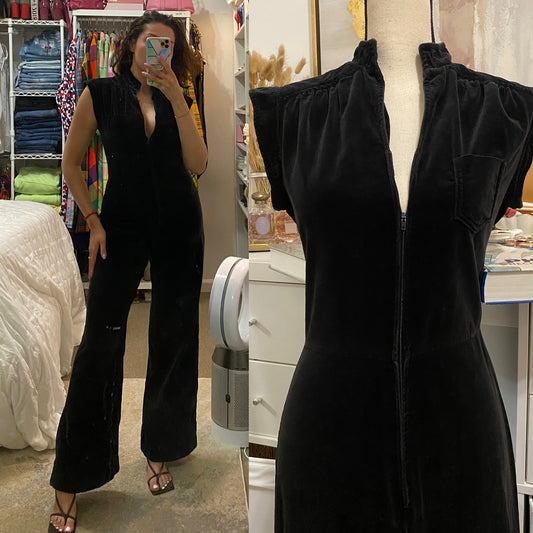60s-70s Black Velvet, Zipper Front & Wide Leg Jumpsuit (M, 29” Waist)