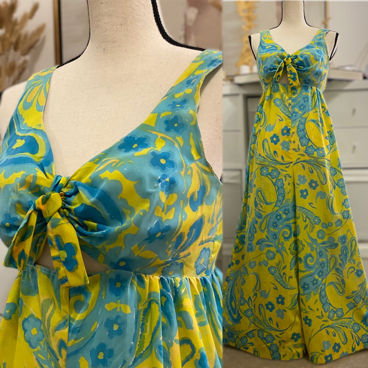 60s-70s Chartreuse Floral Cutout Wide Leg/Flare Jumpsuit (M, 30"Waist)