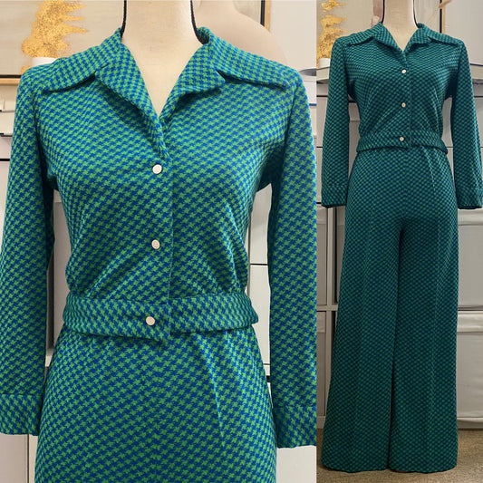 60s-70s Houndstooth 2PC Pantsuit W/ Cropped Jacket Petite (XXS-Small, 20"-30" Waist)