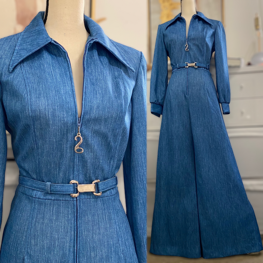 70s Faux Denim Bell Bottom Jumpsuit (M, 29” Waist)