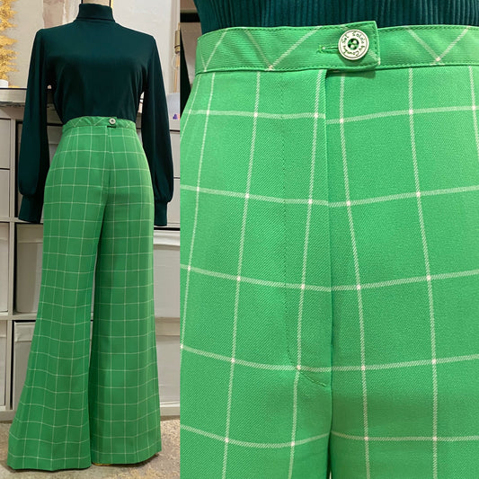 70s Kelly Green, Grid Wide Leg Pants (s, 26” waist)