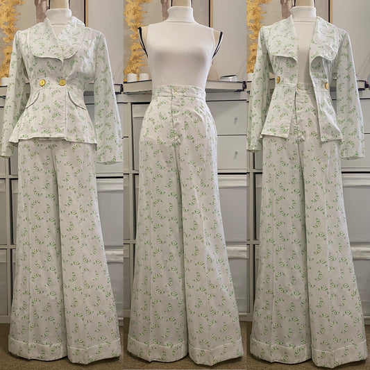 60s-70s Floral 2PC Bell Bottom Pantsuit (S, 26"Waist)