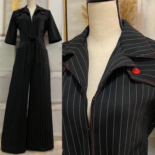 70s Stripe, Wide Leg Jumpsuit w/ Zipper Front (L, 34"W)