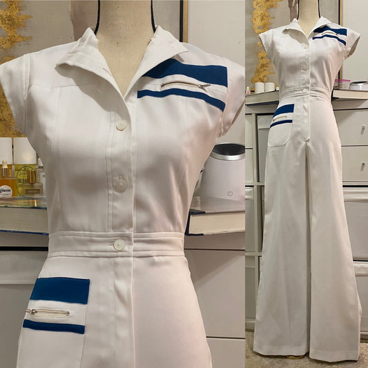 70s Nautical Wide Leg Jumpsuit (S,26” waist)