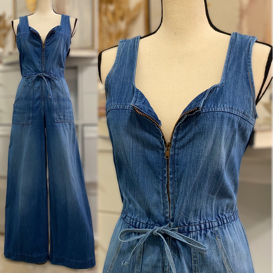60s-70s Zipper Front, Flared Denim Overall Jumpsuit (S, 27"-30"W)
