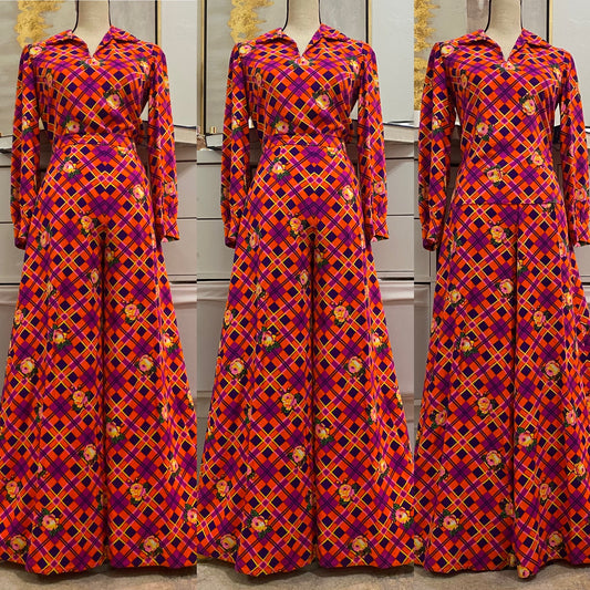 60s-70s psychedelic floral 2PC palazzo pant set (S,26”waist)
