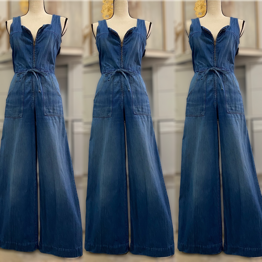 60s-70s Zipper Front, Flared Denim Overall Jumpsuit (S, 27"-30"W)