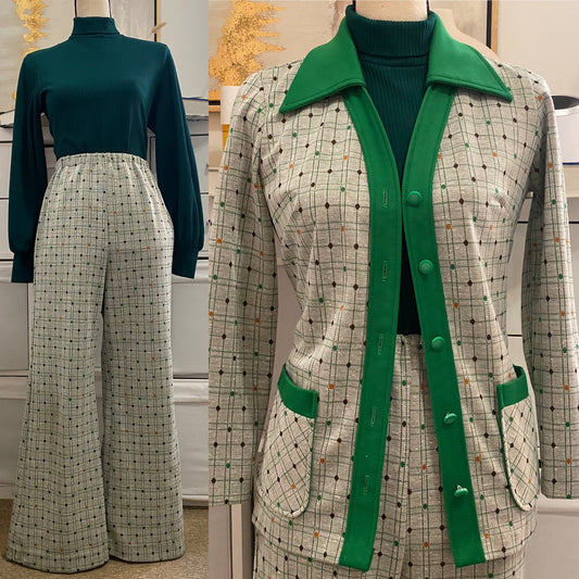 70s Polka & Grid 2PC Pant, Leisure Set (M, 25'-33" Waist)