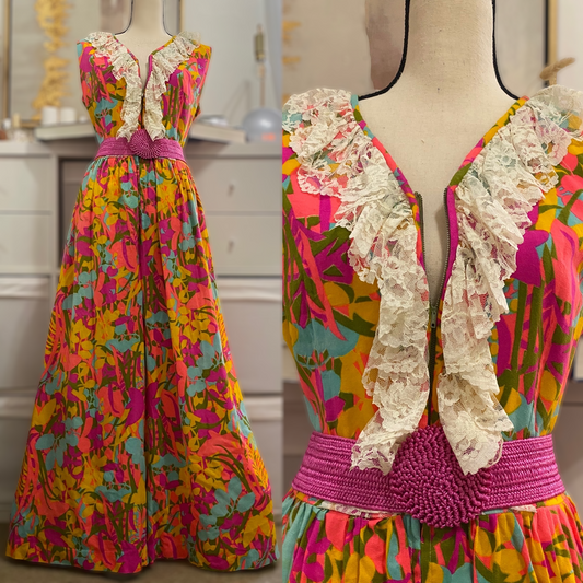 60s-70s Floral Palazzo Jumpsuit W/ Zipper Front (L, 30” waist)