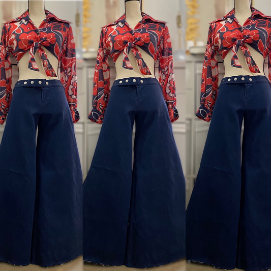70s Denim Bell Bottom Pants, Low Rise (XXS-XS, 28" Waist)